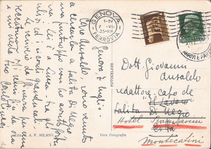 Cartolina inviata da Carlo Ciucci a Giovanni Ansaldo, retro, 7 - 7 - 935