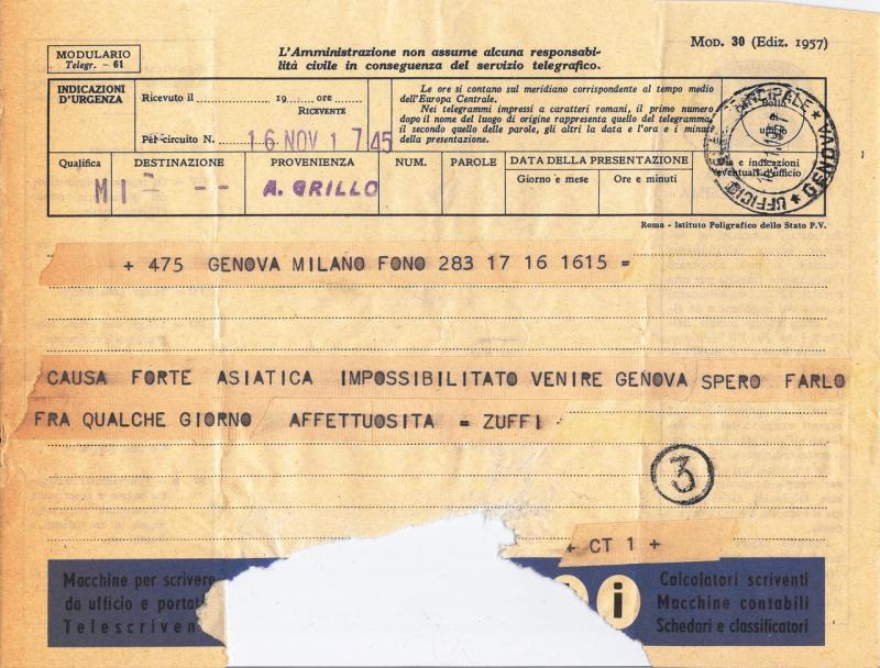 Telegramma di Piero Zuffi, 1957 nov. 16