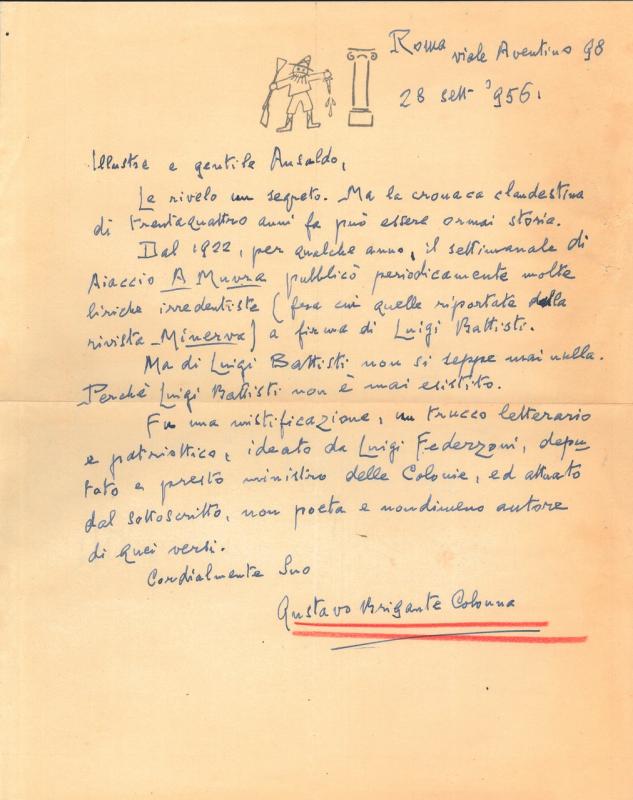 Lettera di Gustavo Brigante Colonna a Giovanni Ansaldo, 28-09-1956
